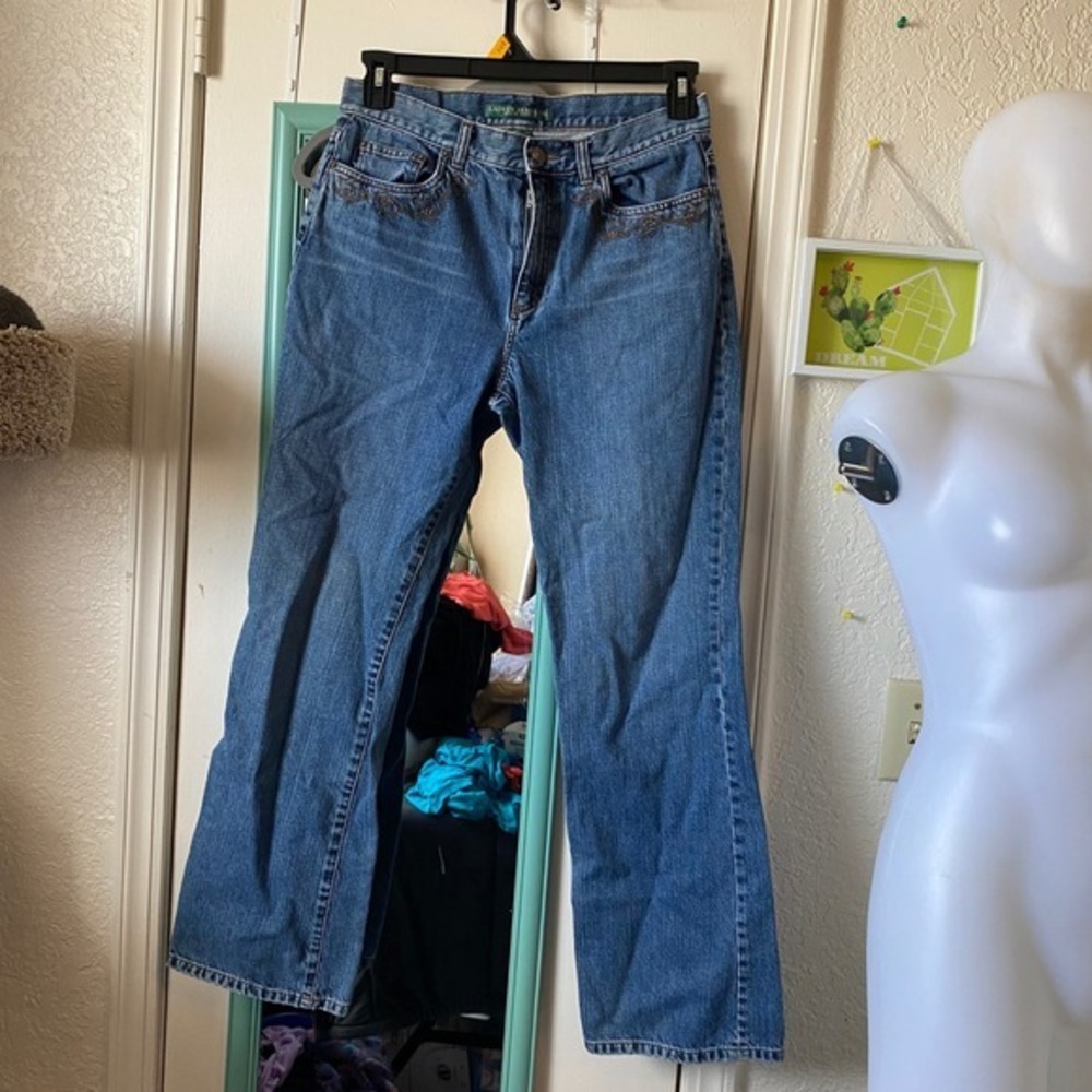 Lauren Jeans Co. Flare Jeans Embellished Pockets Denim Blue Size 8